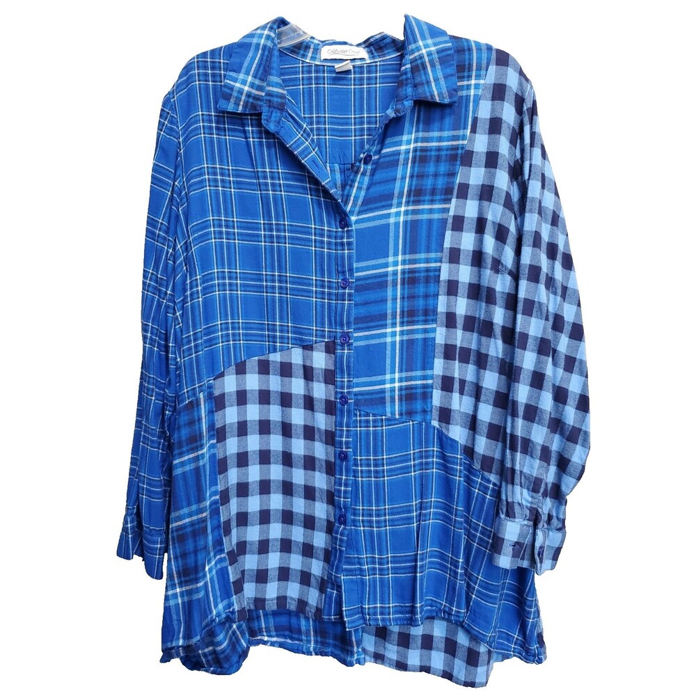 Coldwater Creek Flannel Blue Patchwork Plaid Button-Up Tunic Size 1X